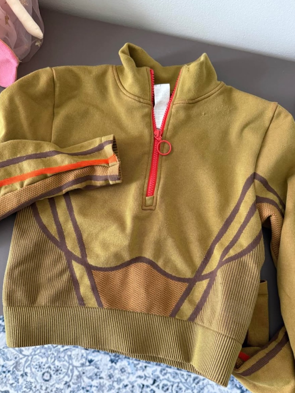Fabletics Olive Green Long Sleeve Half-Zip Pullover with Red Zip